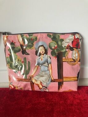 Atenti Western Zippered Pouch Case Vintage Pinup Cowgirl Motif Made In USA NWOT.